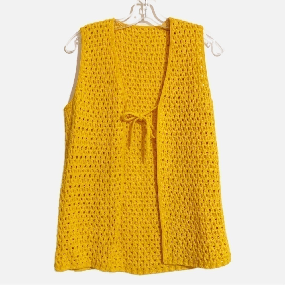Vintage Handmade Open Knit Retro Mustard Yellow Sweater Vest Open Front Tie.